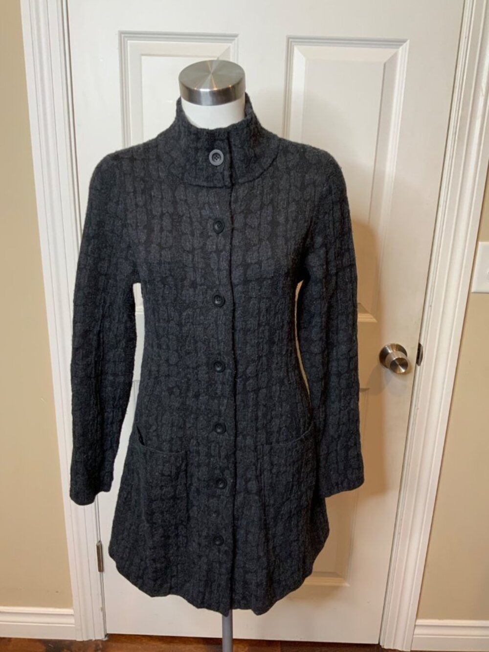 Eileen Fisher Grey Black High Collar Button Front Knit Sweater Jacket, Size S